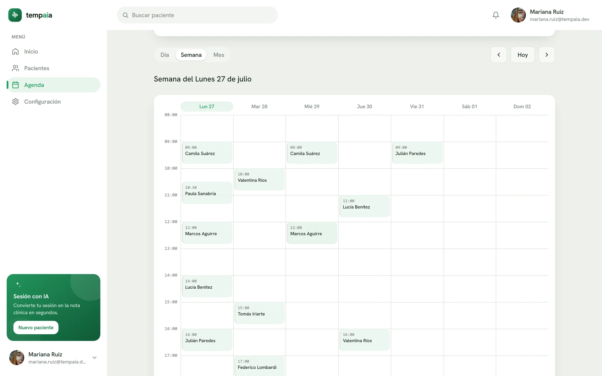 Agenda semanal de Tempaia con los turnos de la semana por día y horario