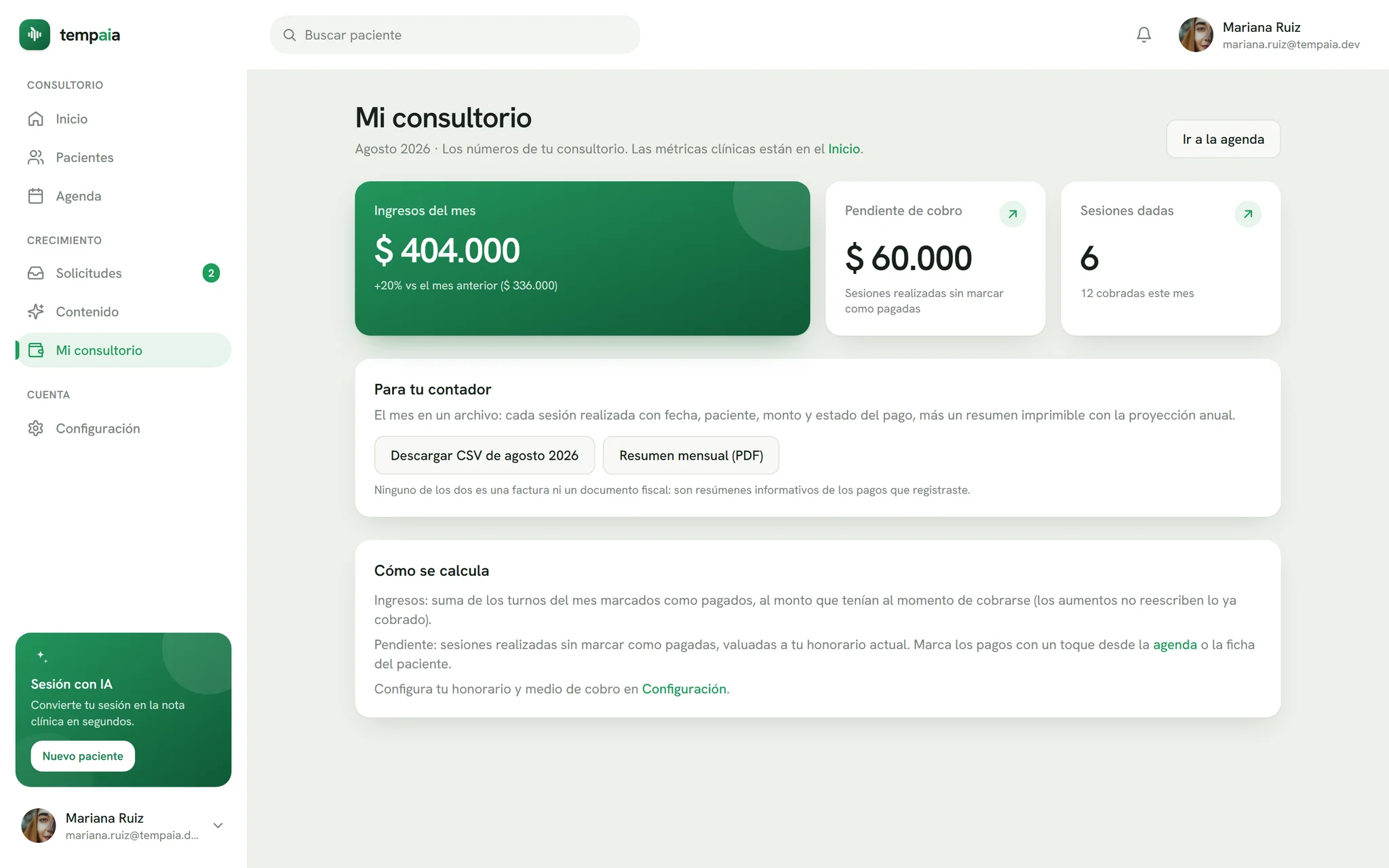 Panel Mi consultorio de Tempaia: ingresos del mes, pendiente de cobro, sesiones dadas y descargas para el contador