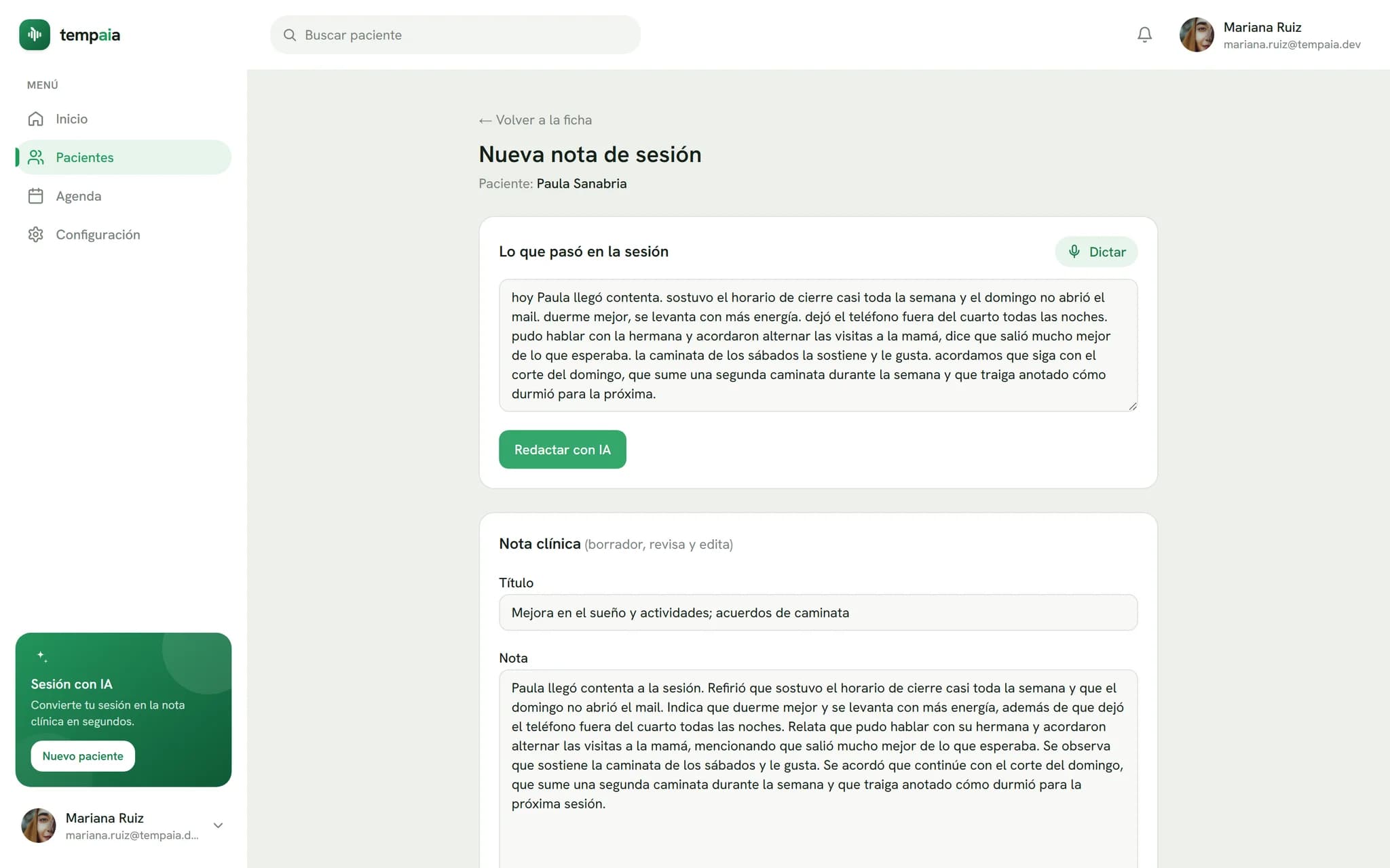 Tempaia redactando una nota clínica con inteligencia artificial a partir del resumen dictado de la sesión