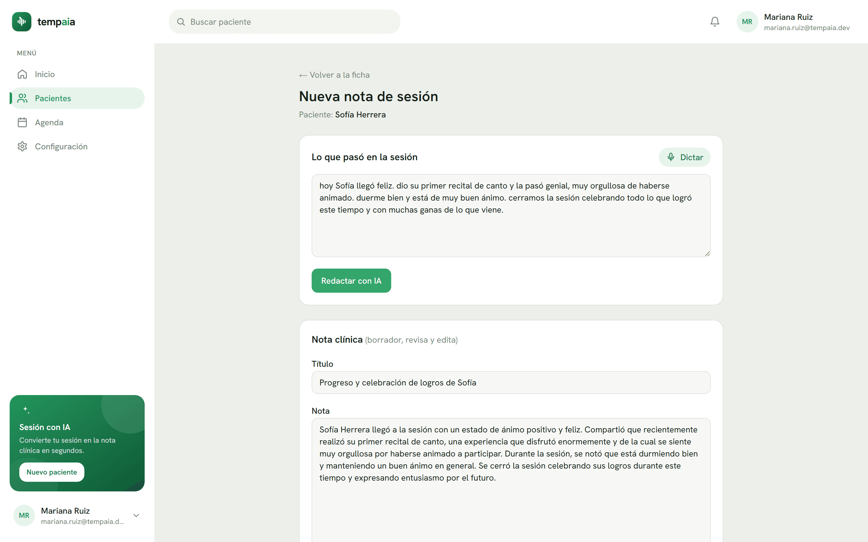 Tempaia redactando una nota clínica con inteligencia artificial a partir del resumen dictado de la sesión