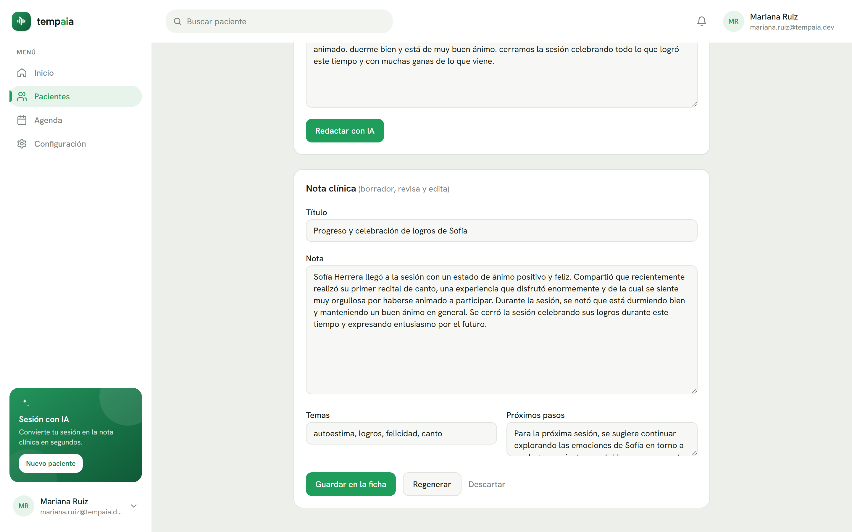 Nota de sesión redactada por Tempaia: título, resumen y próximos pasos